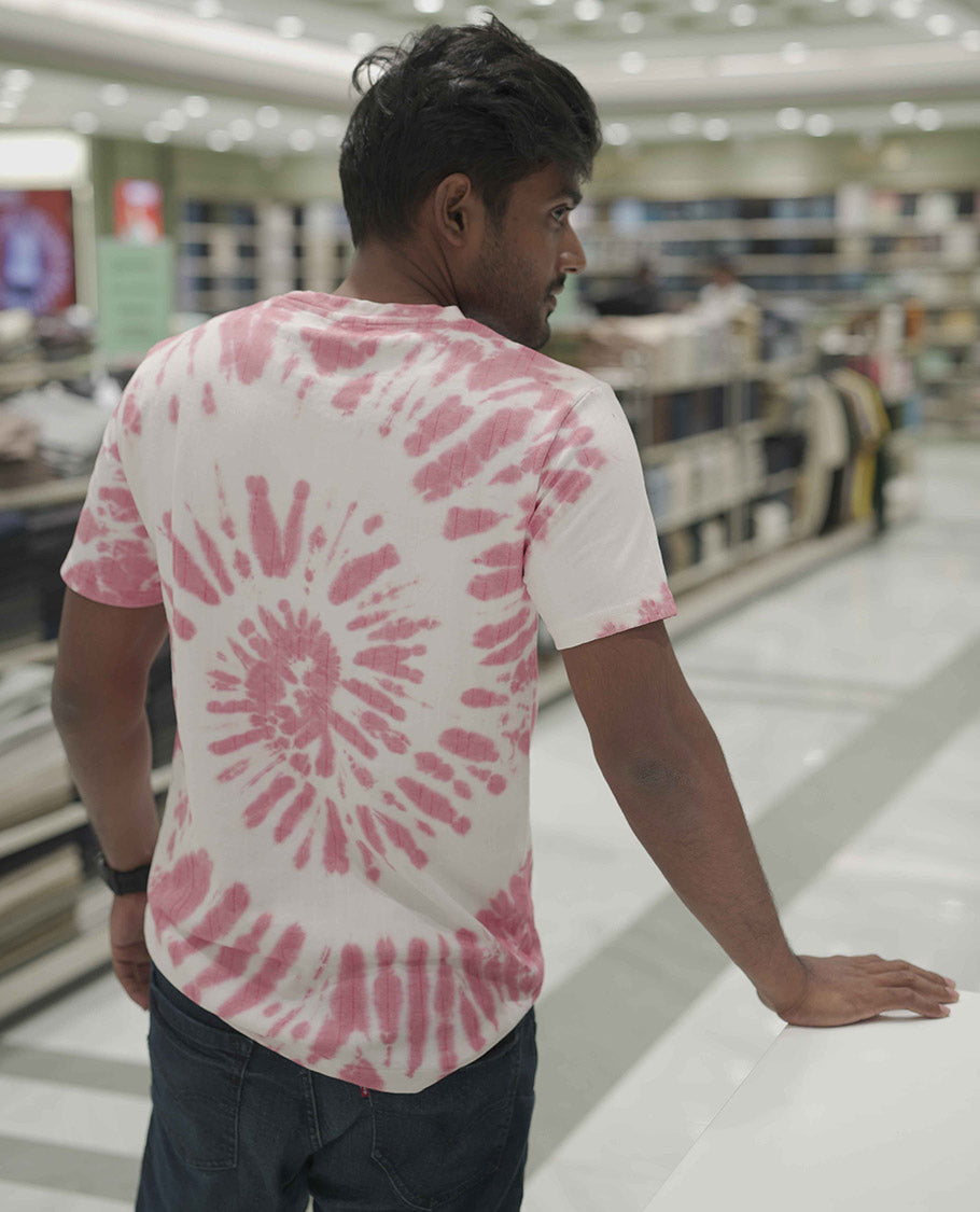 Pink Cotton-Blended T-Shirt, Subtly Designed with Tie-Dye Style Shibori Print, Comes with a Crew-Neck, Half-Sleeves, Slim Fit, and Regular Length