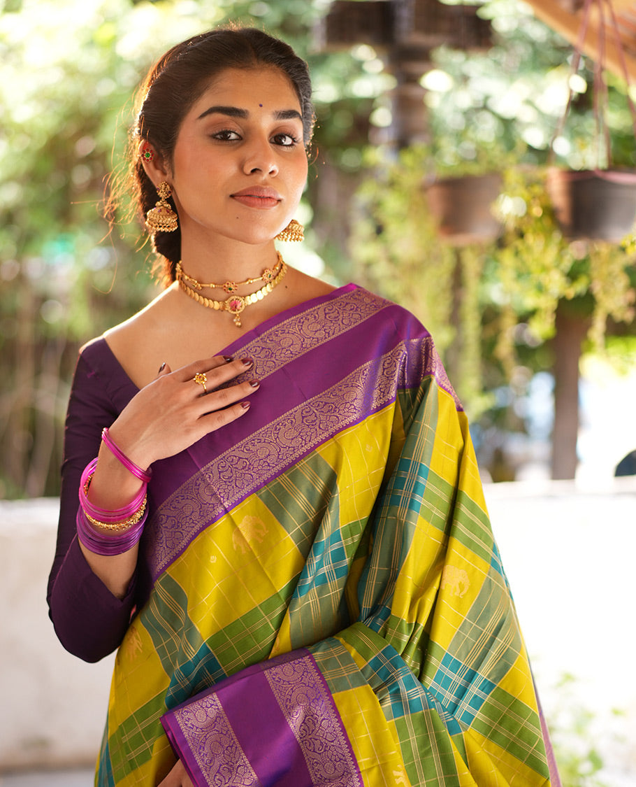 Peacock Green-Blue Checked Budget Silksaree Features Elephant Motifs, Contrast Rettaipettu Border, Contrast Blouse