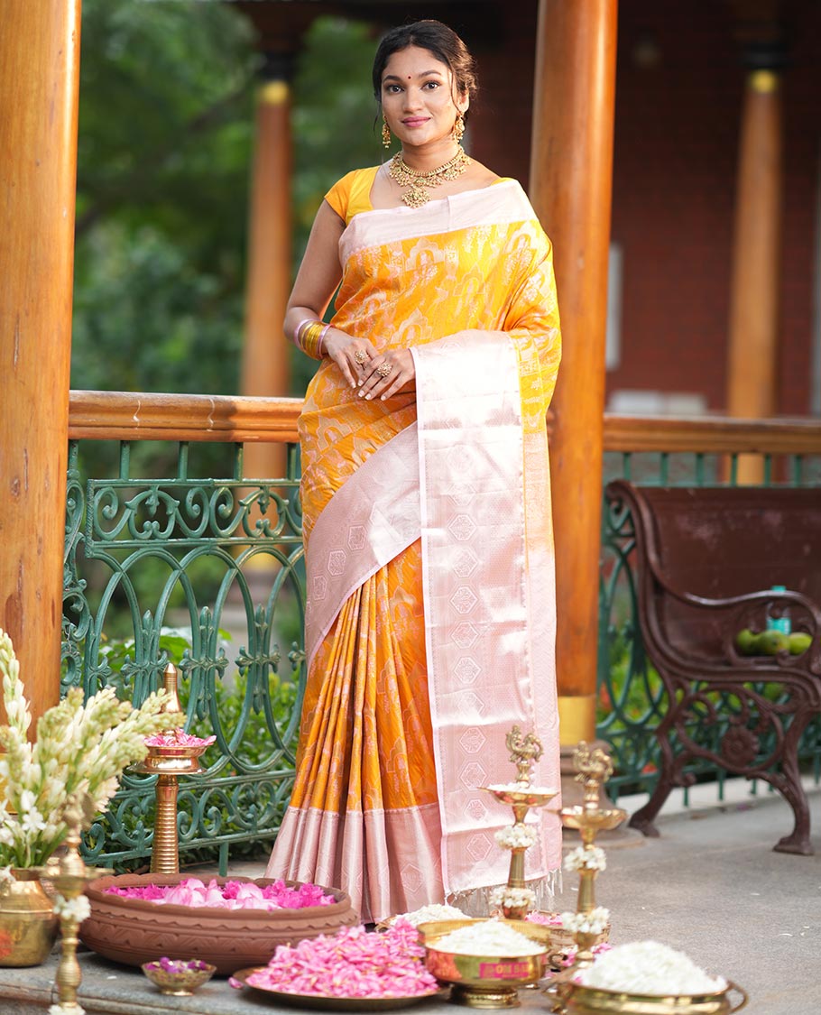 Turmeric Yellow-Peach Jacquard Budget Silk Saree