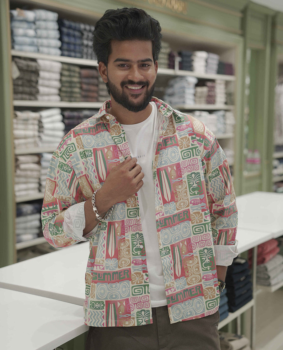 Multi Color Cotton-Blended Casual Shirt, Highlighted with Funky Motifs Print, Comes with a Spread Collar, Full-Sleeves, Slim Fit, and Regular Length
