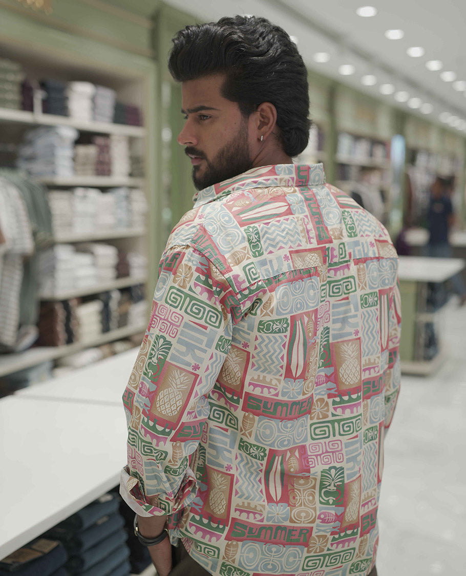 Multi Color Cotton-Blended Casual Shirt, Highlighted with Funky Motifs Print, Comes with a Spread Collar, Full-Sleeves, Slim Fit, and Regular Length