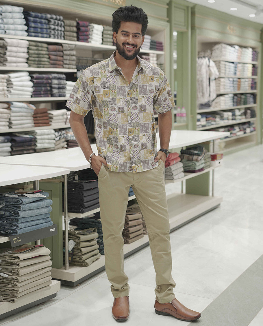 Multi-Color Cotton-Blended Casual Shirt, Creatively Printed with Unique Motifs, Comes with a Spread Collar, Half-Sleeves, Slim Fit, and Regular Length