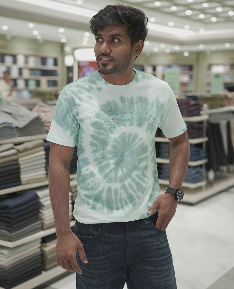 Aqua Blue Cotton-Blended T-Shirt, Subtly Designed with Tie-Dye Style Shibori Print, Comes with a Crew-Neck, Half-Sleeves, Slim Fit, and Regular Length