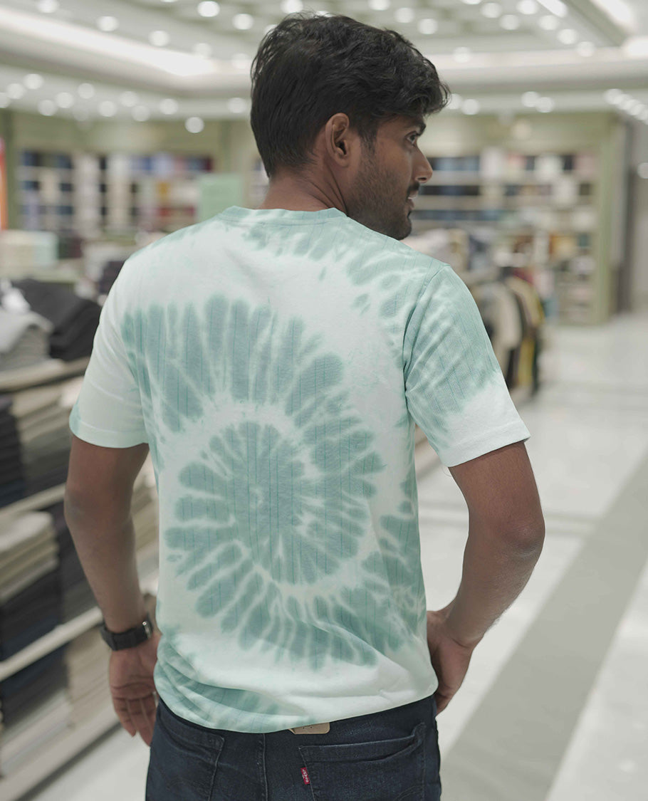 Aqua Blue Cotton-Blended T-Shirt, Subtly Designed with Tie-Dye Style Shibori Print, Comes with a Crew-Neck, Half-Sleeves, Slim Fit, and Regular Length