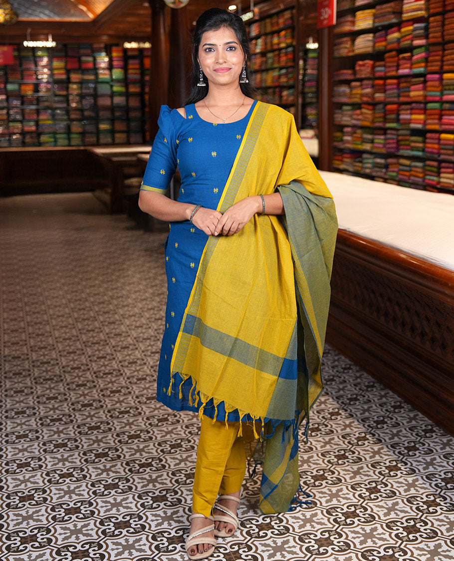 Peacock Blue Handloom Cotton Material Chudidar, Buttas Woven Top, a Plain Bottom, and Contrast Dupatta