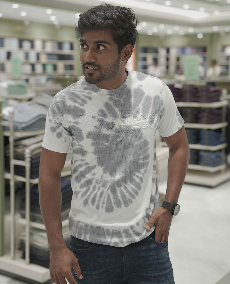 Grey Cotton-Blended T-Shirt, Subtly Designed with Tie-Dye Style Shibori Print, Comes with a Crew-Neck, Half-Sleeves, Slim Fit, and Regular Length