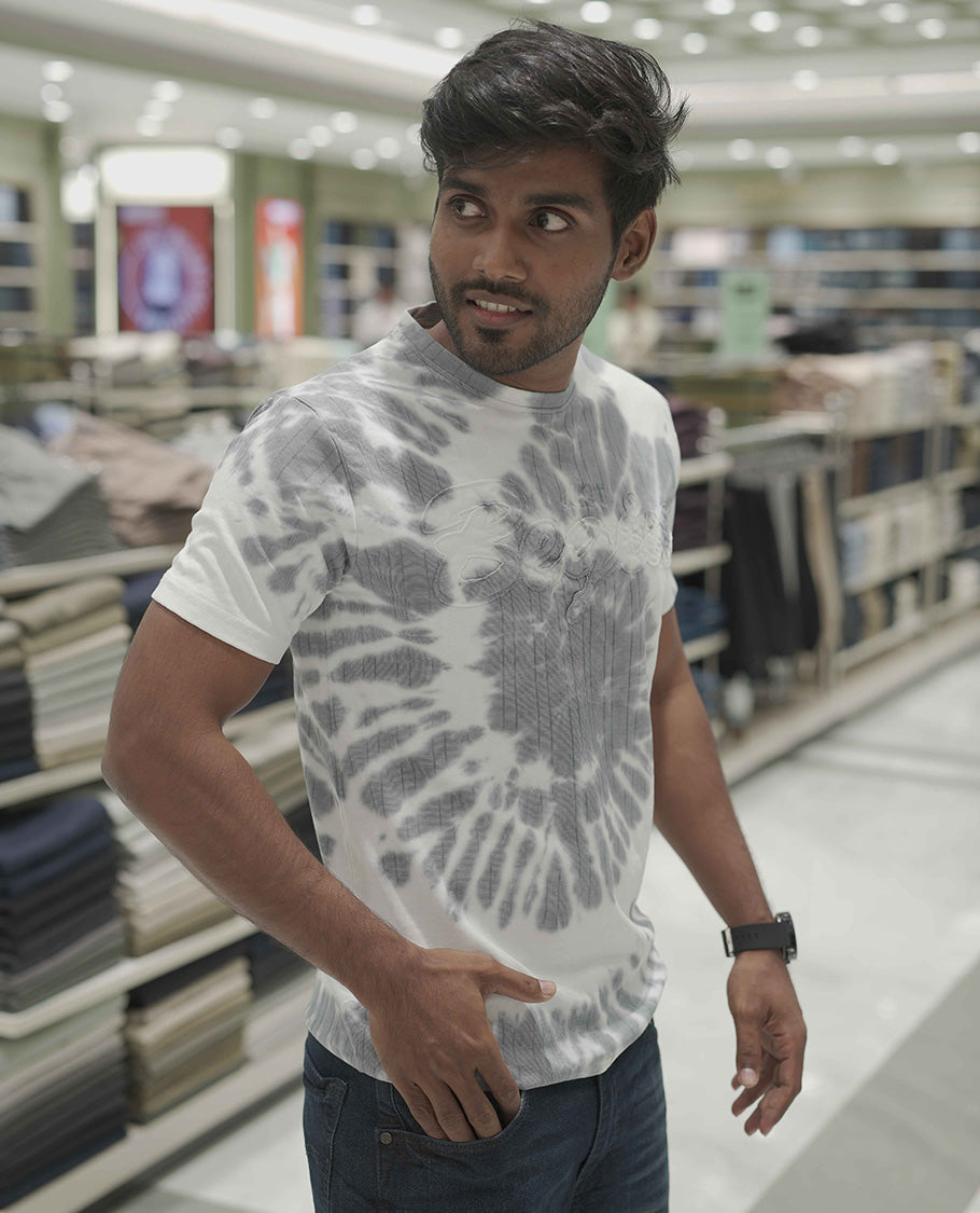 Grey Cotton-Blended T-Shirt, Subtly Designed with Tie-Dye Style Shibori Print, Comes with a Crew-Neck, Half-Sleeves, Slim Fit, and Regular Length