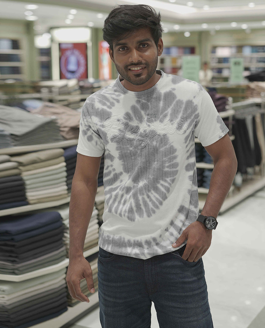 Grey Cotton-Blended T-Shirt, Subtly Designed with Tie-Dye Style Shibori Print, Comes with a Crew-Neck, Half-Sleeves, Slim Fit, and Regular Length