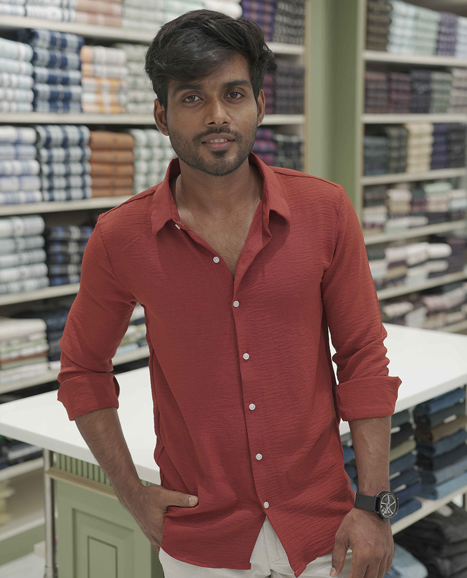 Rust Plain Poly-Blend Casual Shirt, Comes with a Spread Collar, Full-Sleeves, Slim Fit, and Regular Length