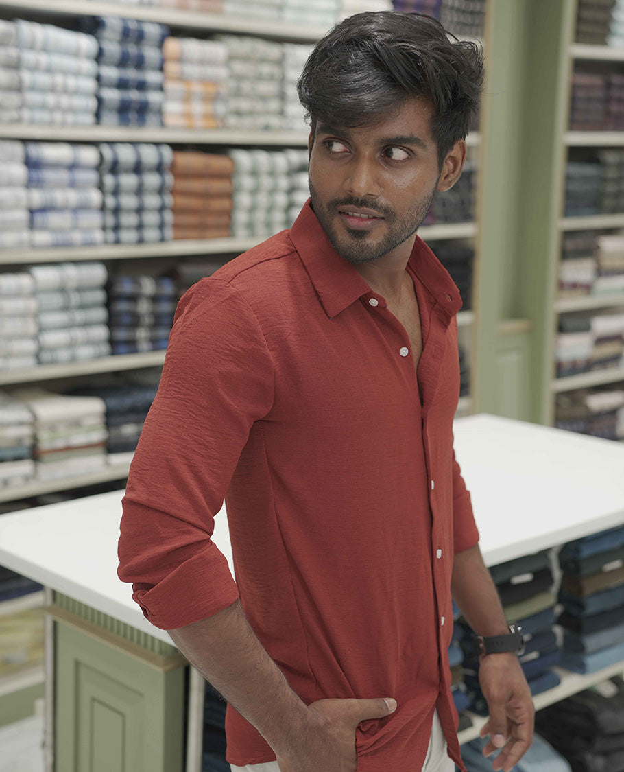 Rust Plain Poly-Blend Casual Shirt, Comes with a Spread Collar, Full-Sleeves, Slim Fit, and Regular Length