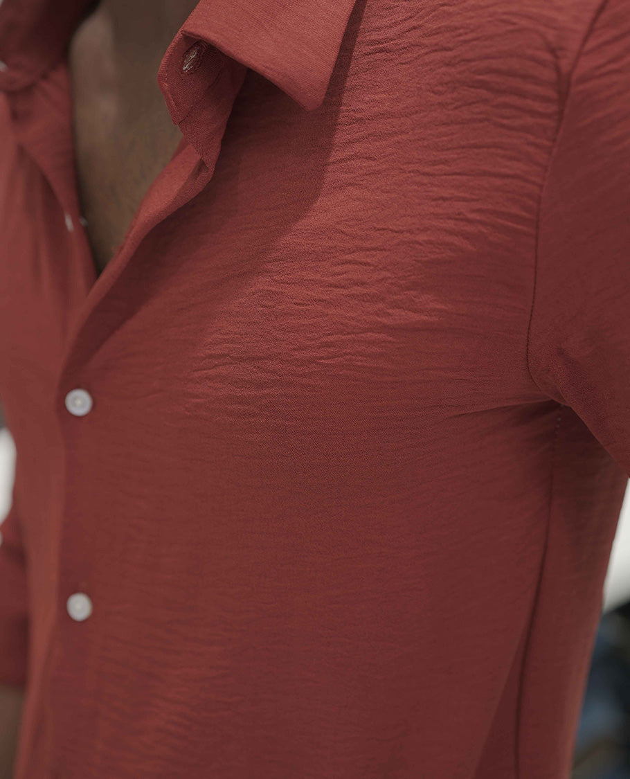 Rust Plain Poly-Blend Casual Shirt, Comes with a Spread Collar, Full-Sleeves, Slim Fit, and Regular Length
