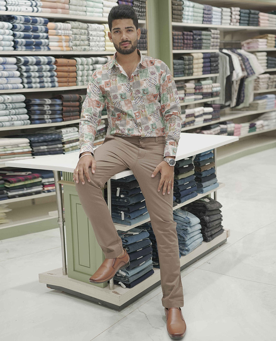 Multi Color Cotton-Blended Casual Shirt, Highlighted with Unique Motifs Print, Comes with a Spread Collar, Full-Sleeves, Slim Fit, and Regular Length