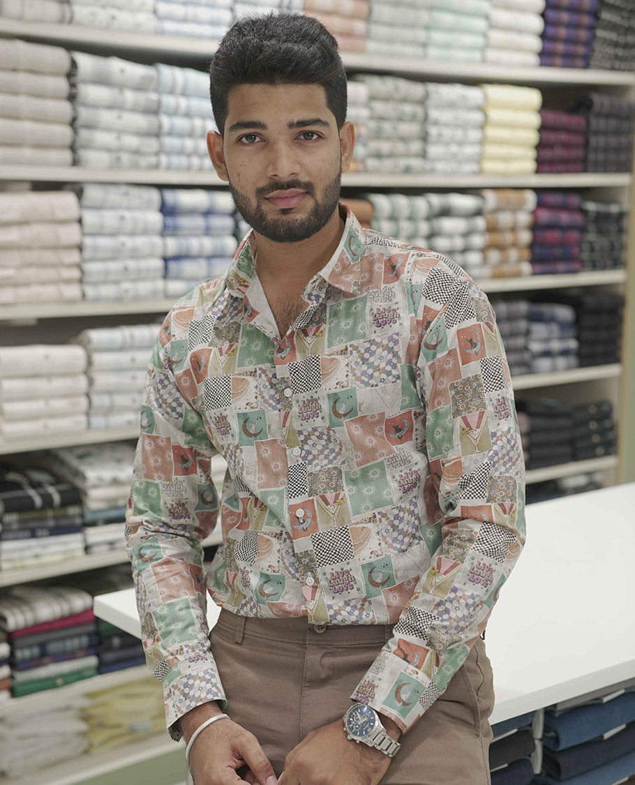 Multi Color Cotton-Blended Casual Shirt, Highlighted with Unique Motifs Print, Comes with a Spread Collar, Full-Sleeves, Slim Fit, and Regular Length