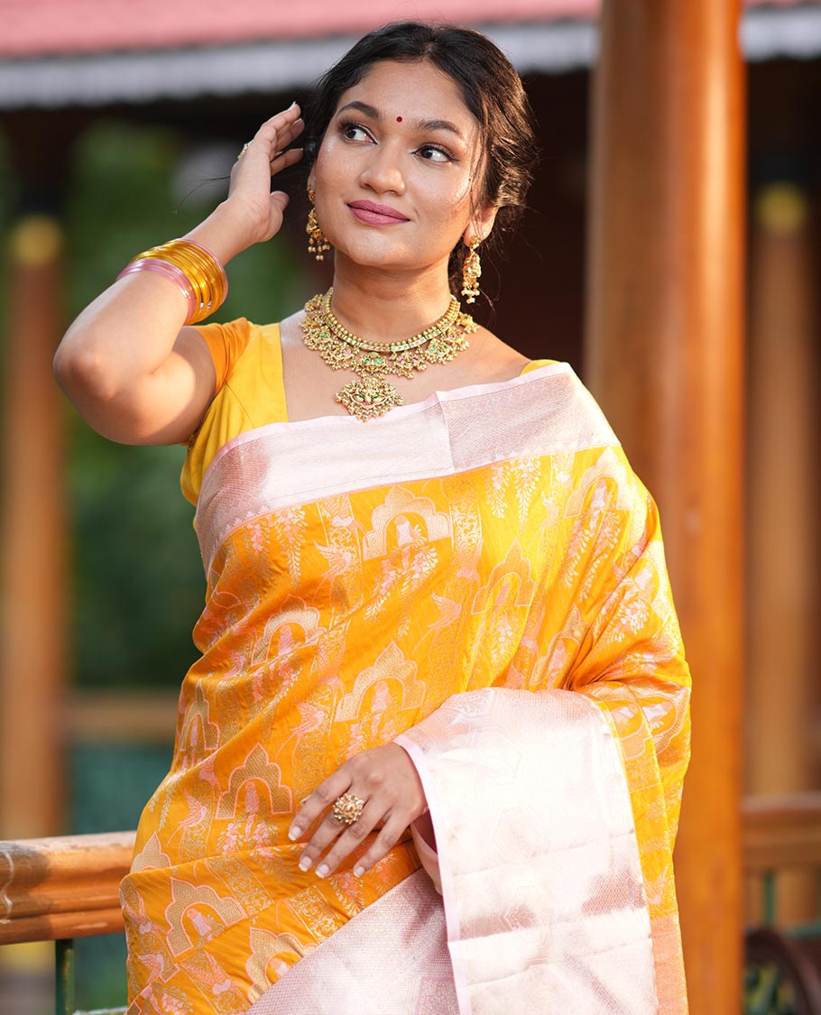 Turmeric Yellow-Peach Jacquard Budget Silk Saree