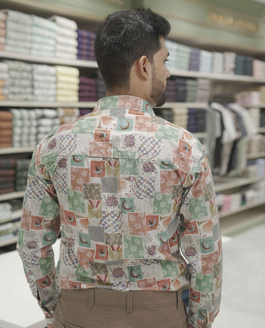Multi Color Cotton-Blended Casual Shirt, Highlighted with Unique Motifs Print, Comes with a Spread Collar, Full-Sleeves, Slim Fit, and Regular Length