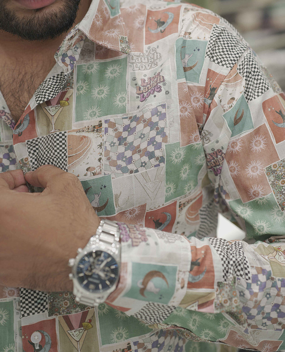 Multi Color Cotton-Blended Casual Shirt, Highlighted with Unique Motifs Print, Comes with a Spread Collar, Full-Sleeves, Slim Fit, and Regular Length