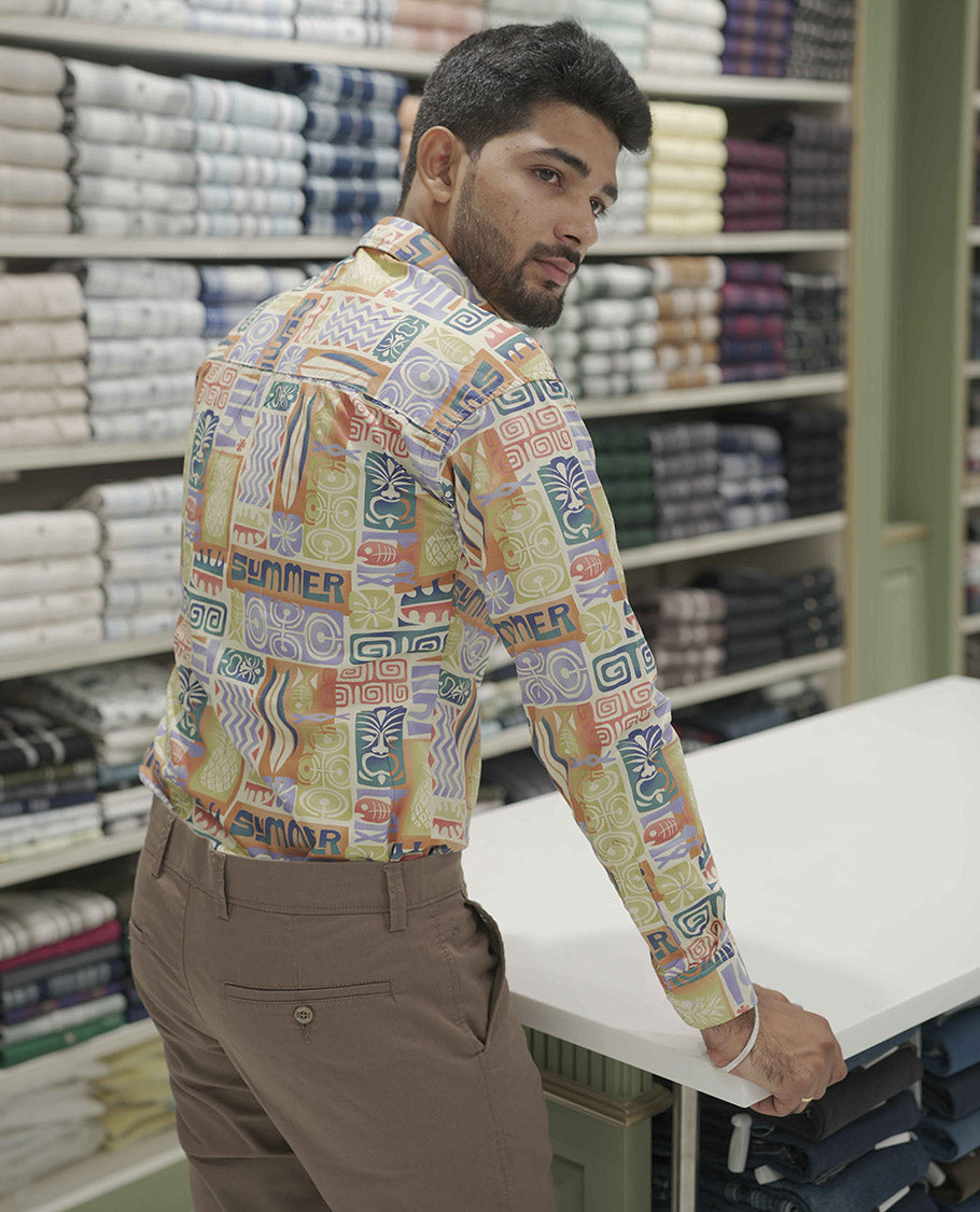 Multi-color Cotton-Blended Casual Shirt, Highlighted with Unique Motifs Print, Comes with a Spread Collar, Full-Sleeves, Slim Fit, and Regular Length
