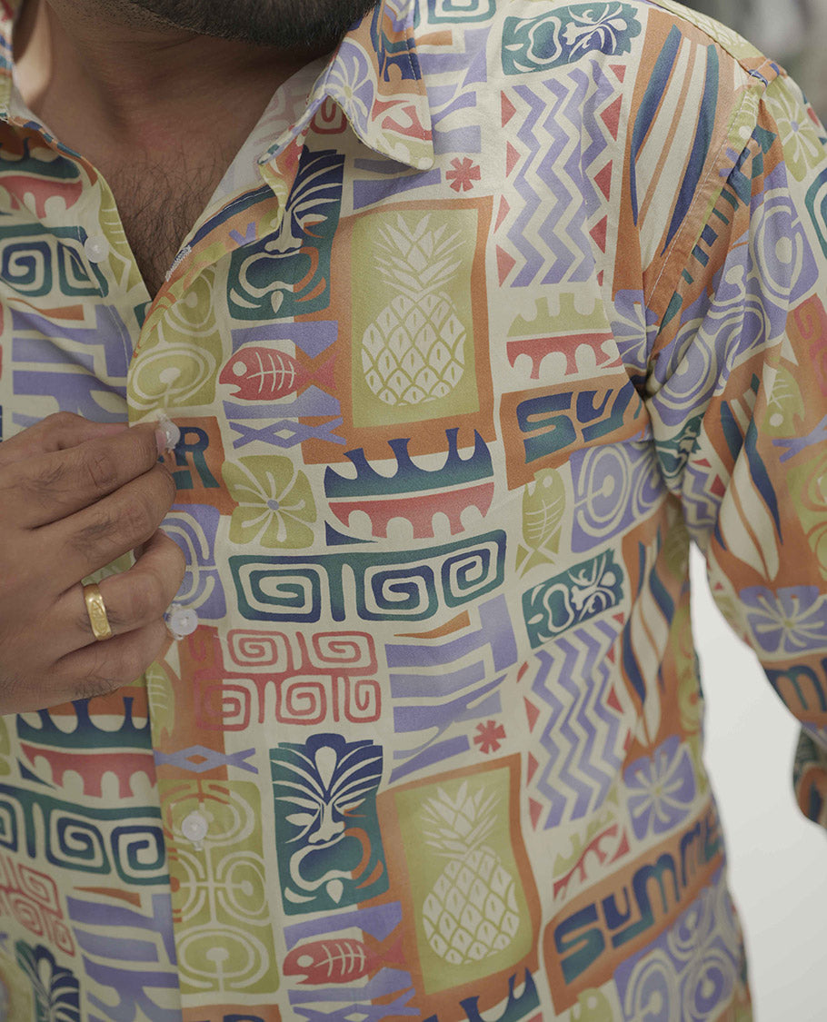 Multi-color Cotton-Blended Casual Shirt, Highlighted with Unique Motifs Print, Comes with a Spread Collar, Full-Sleeves, Slim Fit, and Regular Length