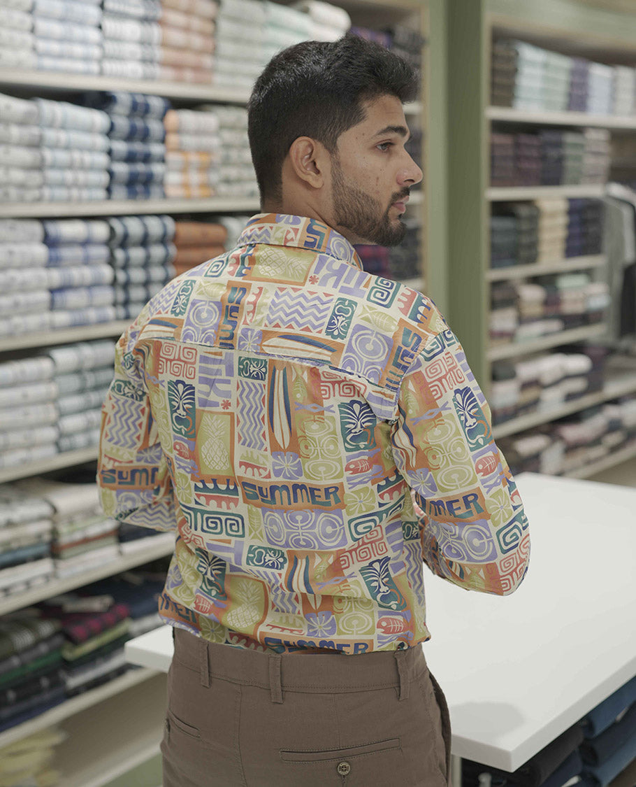 Multi-color Cotton-Blended Casual Shirt, Highlighted with Unique Motifs Print, Comes with a Spread Collar, Full-Sleeves, Slim Fit, and Regular Length