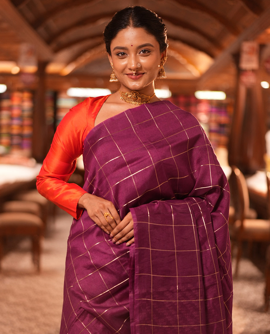 Borderless Magenta Chanderi Cotton Saree, Grand Intricately Designed Pallu, and a Matching Blouse