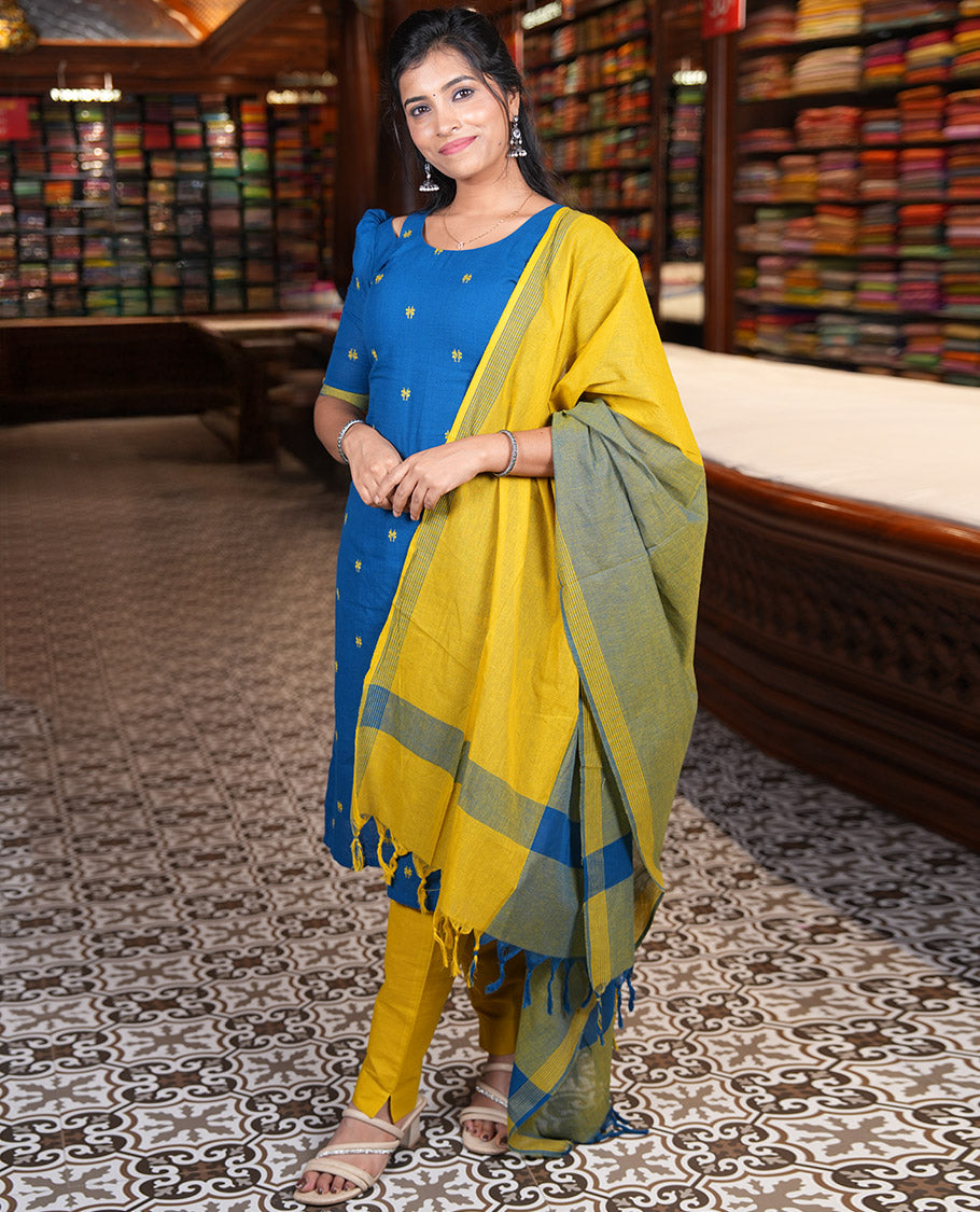 Peacock Blue Handloom Cotton Material Chudidar, Buttas Woven Top, a Plain Bottom, and Contrast Dupatta