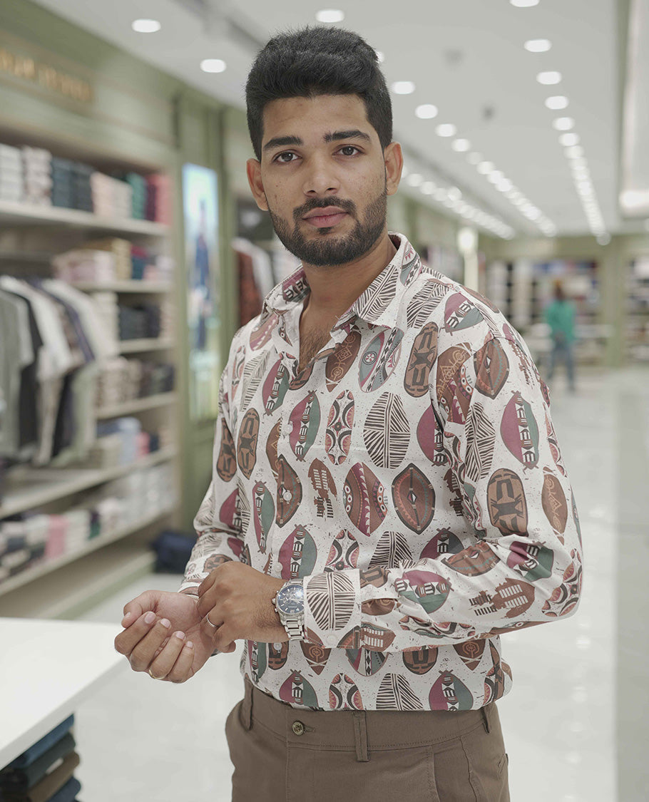 Cream-Brown Cotton-Blended Casual Shirt, Adorned with Surfing Board Motifs Print, Comes with a Spread Collar, Full-Sleeves, Slim Fit, and Regular Length