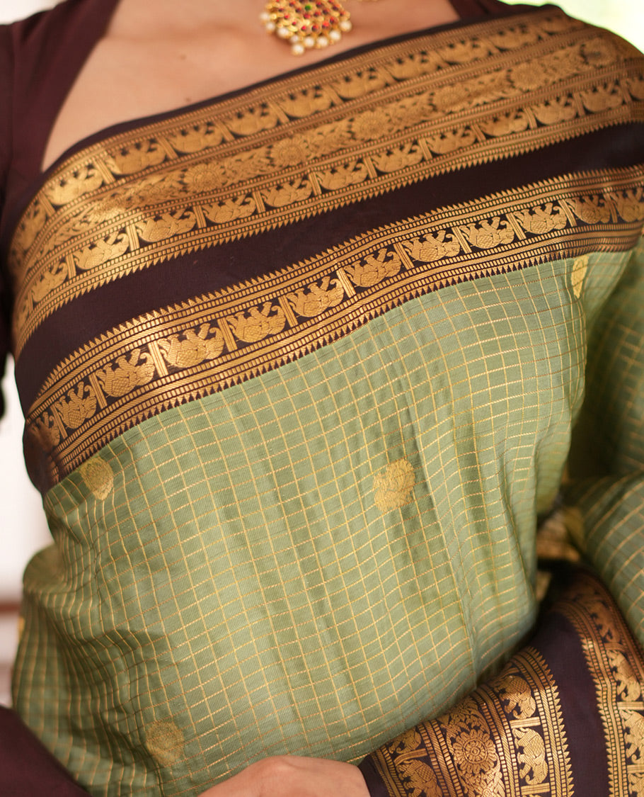 Elaichi Checked Vasundhara Lite Silk Mix Saree, Contrast Elephant Border, Jaal Pallu, and Contrast Blouse