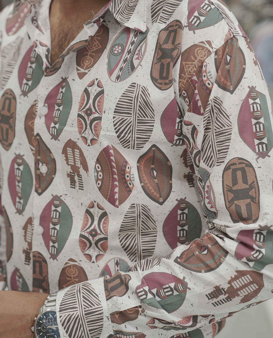 Cream-Brown Cotton-Blended Casual Shirt, Adorned with Surfing Board Motifs Print, Comes with a Spread Collar, Full-Sleeves, Slim Fit, and Regular Length