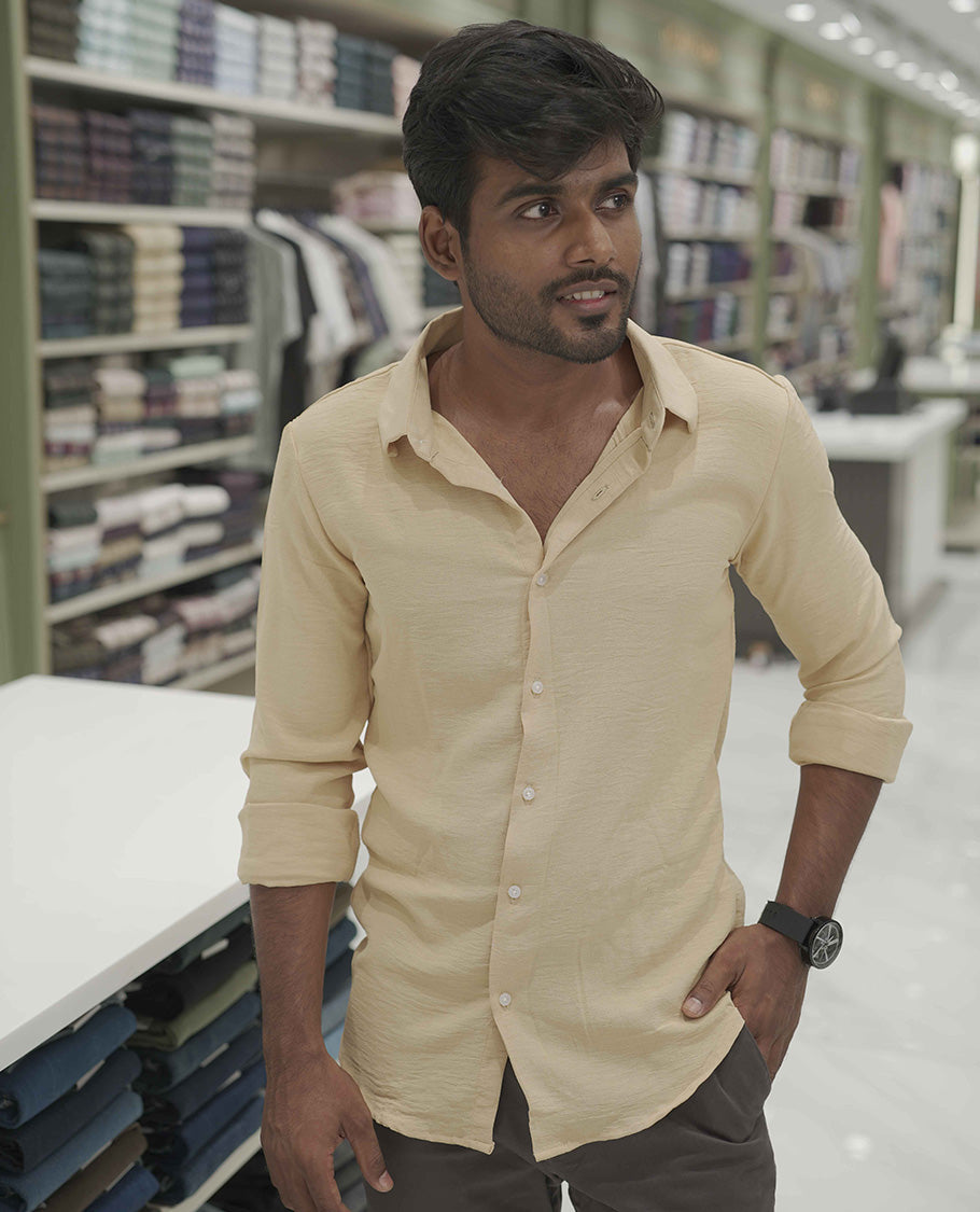 Sandal Plain Poly-Blend Casual Shirt, Comes with a Spread Collar, Full-Sleeves, Slim Fit, and Regular Length