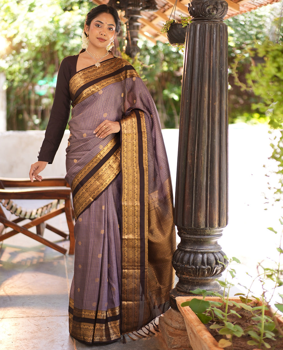 Lavender Grey Checked Vasundhara Lite Silkmix Saree, Contrast Elephant Border, Jaal Pallu, and Contrast Blouse