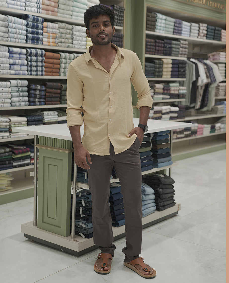 Sandal Plain Poly-Blend Casual Shirt, Comes with a Spread Collar, Full-Sleeves, Slim Fit, and Regular Length