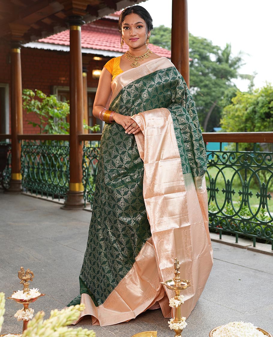 Green-Peach Jacquard Design Budget Silk Saree
