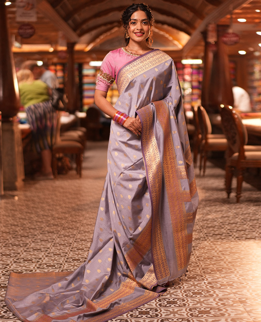 Grey Fancy Raw Silk Saree, Subtly Woven with Buttas, Peacock-Flower Traditional Border, and a Matching Blouse