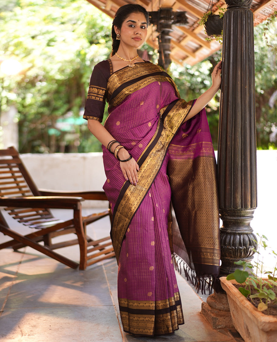 Magenta Checked Vasundhara Lite Silkmix Saree, Contrast Elephant Border, Jaal Pallu, and Contrast Blouse