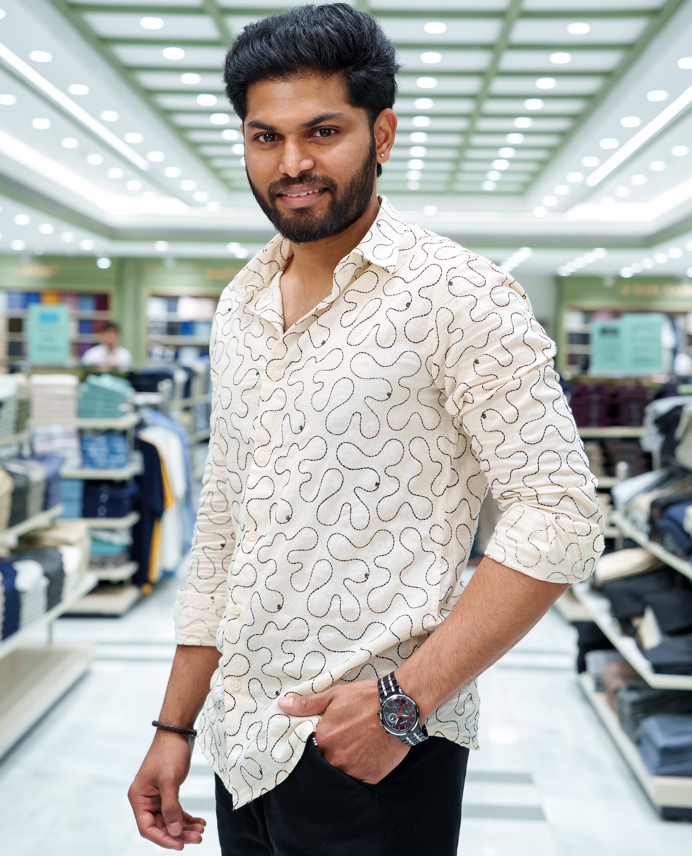 Cream Cotton-Blended Casual Shirt, Accentuated with Geometric Thread Embroidery, Featuring a Spread Collar, Full Sleeves, Slim Fit, and Regular Length