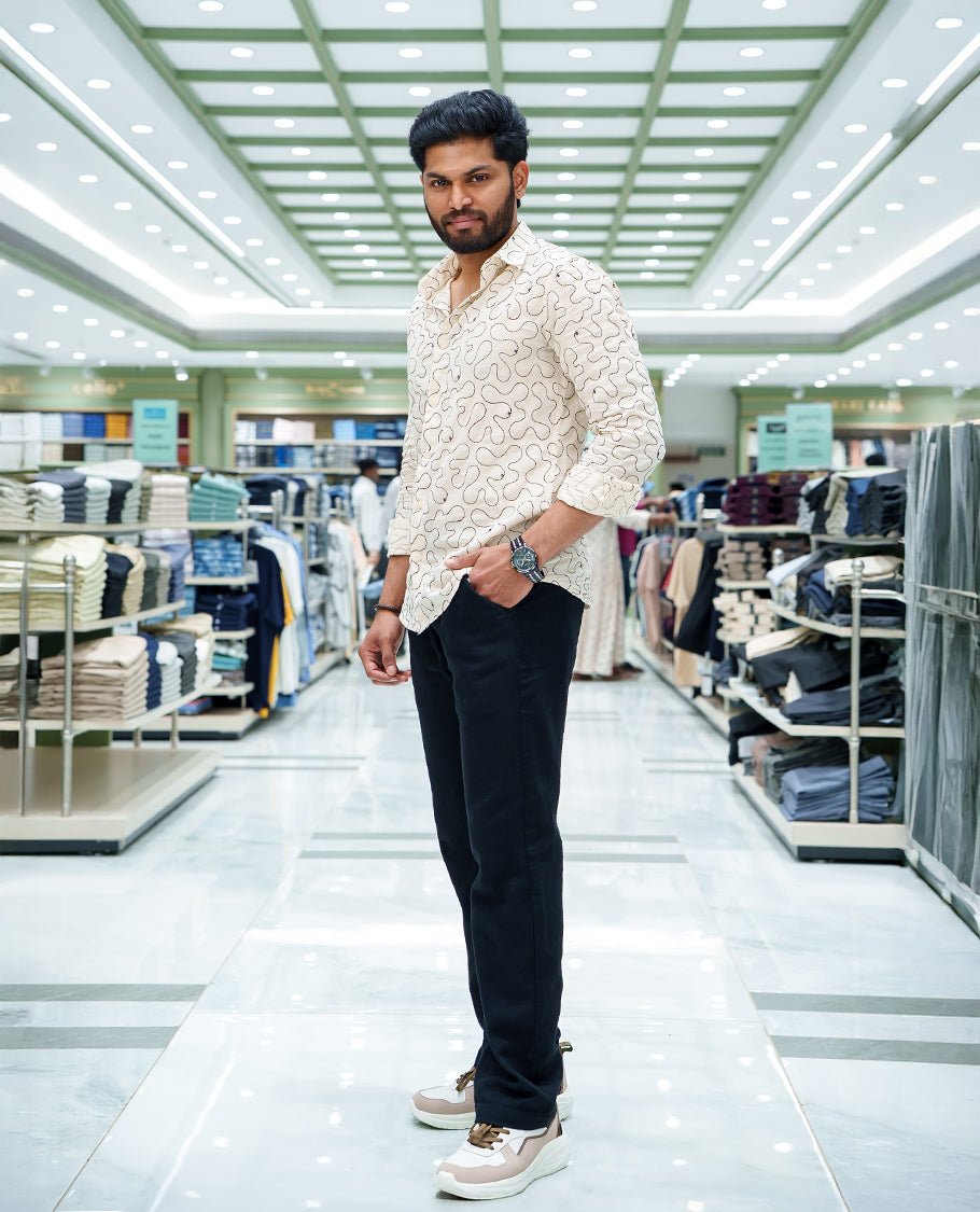 Cream Cotton-Blended Casual Shirt, Accentuated with Geometric Thread Embroidery, Featuring a Spread Collar, Full Sleeves, Slim Fit, and Regular Length