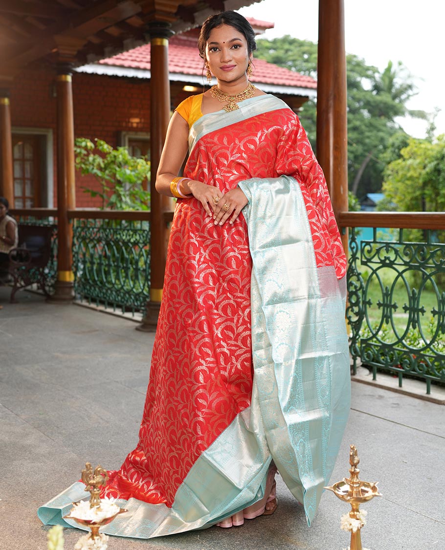 Red-Sky Blue Floral Jacquard Budget Silk Saree