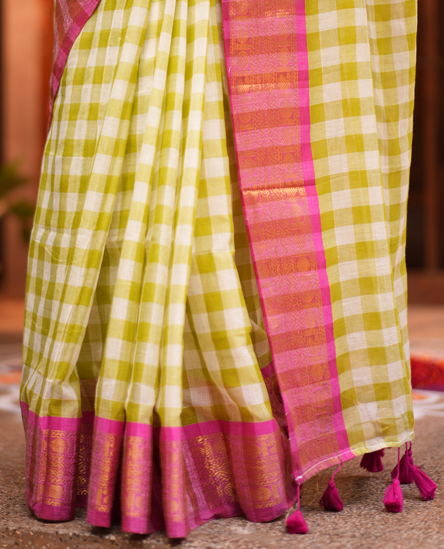 Green Checked Khadi Mul Cotton Saree