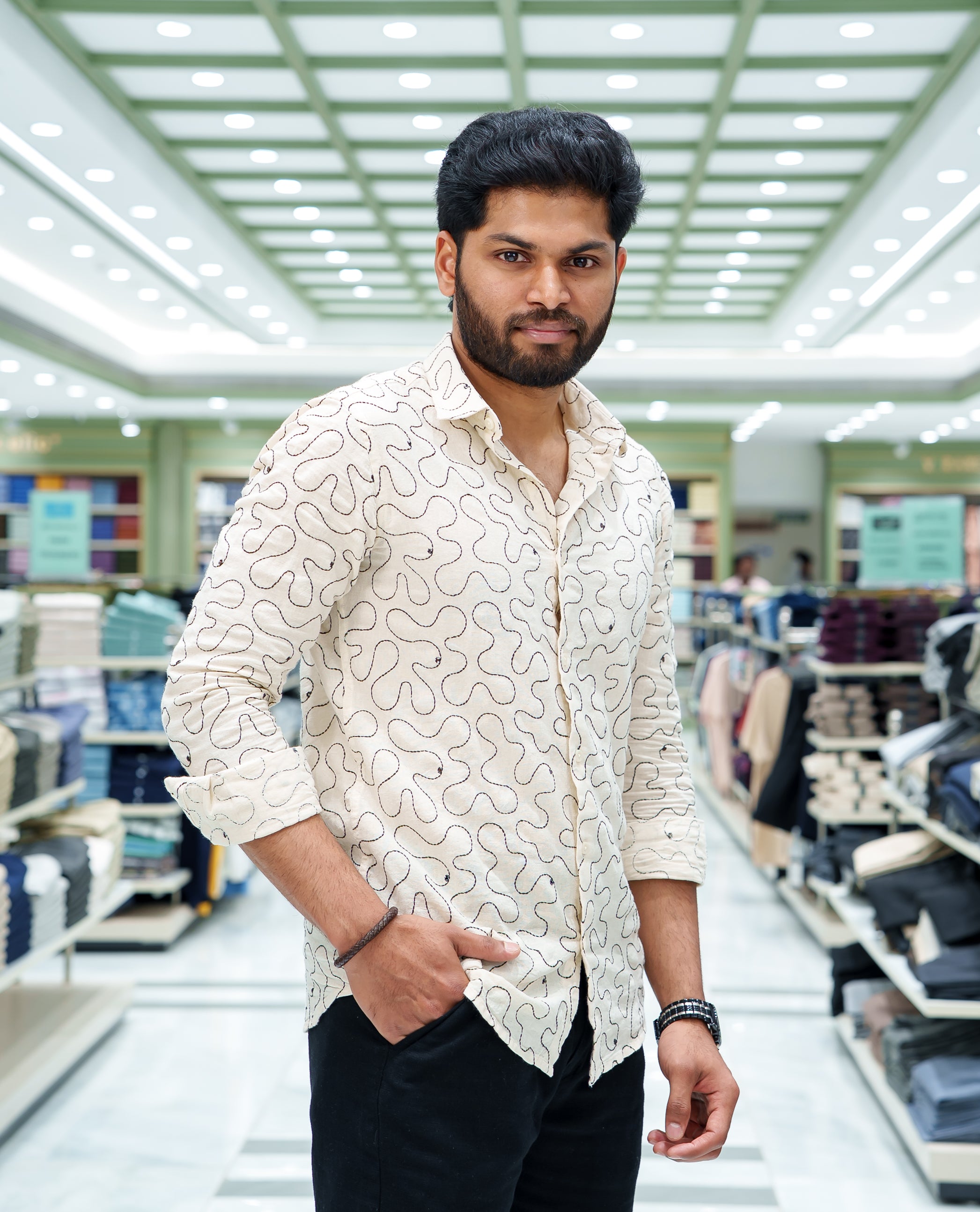 Cream Cotton-Blended Casual Shirt, Accentuated with Geometric Thread Embroidery, Featuring a Spread Collar, Full Sleeves, Slim Fit, and Regular Length