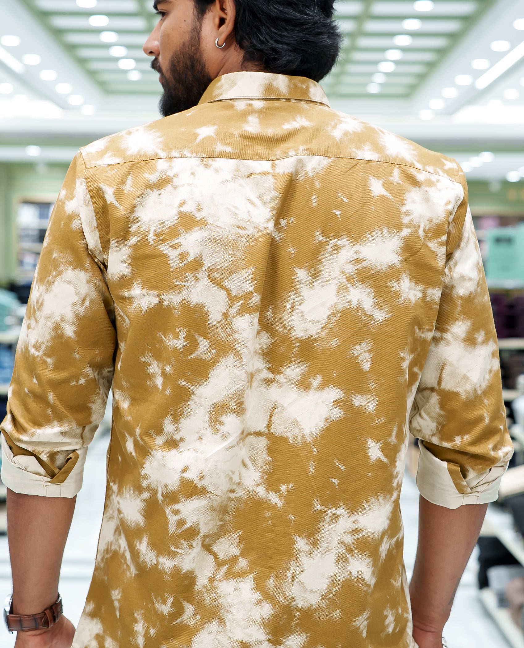 Khaki Cotton Blended Casual Shirt, Delicately Designed with Acid-Washed and Typography Patch Embroidery on the Chest, Featuring a Spread Collar, Full Sleeves, Slim Fit, and Regular Length