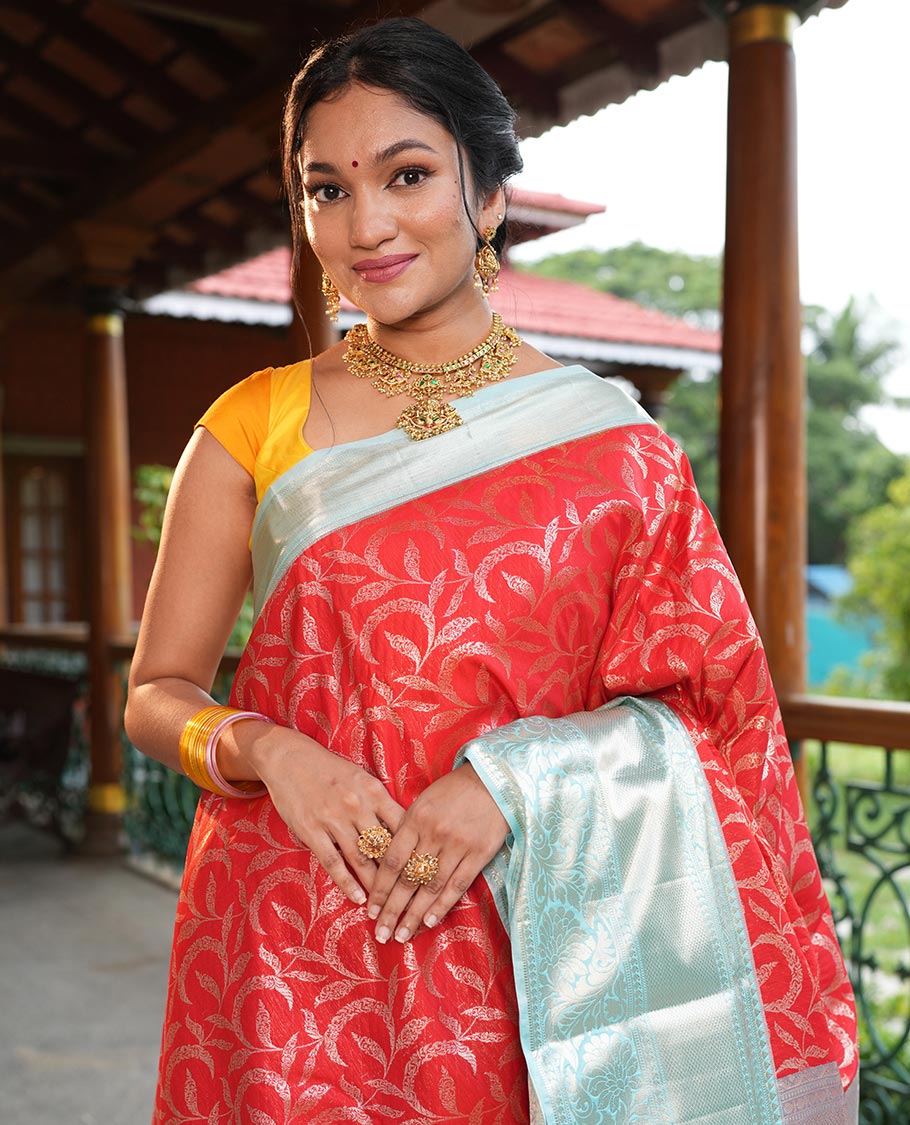 Red-Sky Blue Floral Jacquard Budget Silk Saree