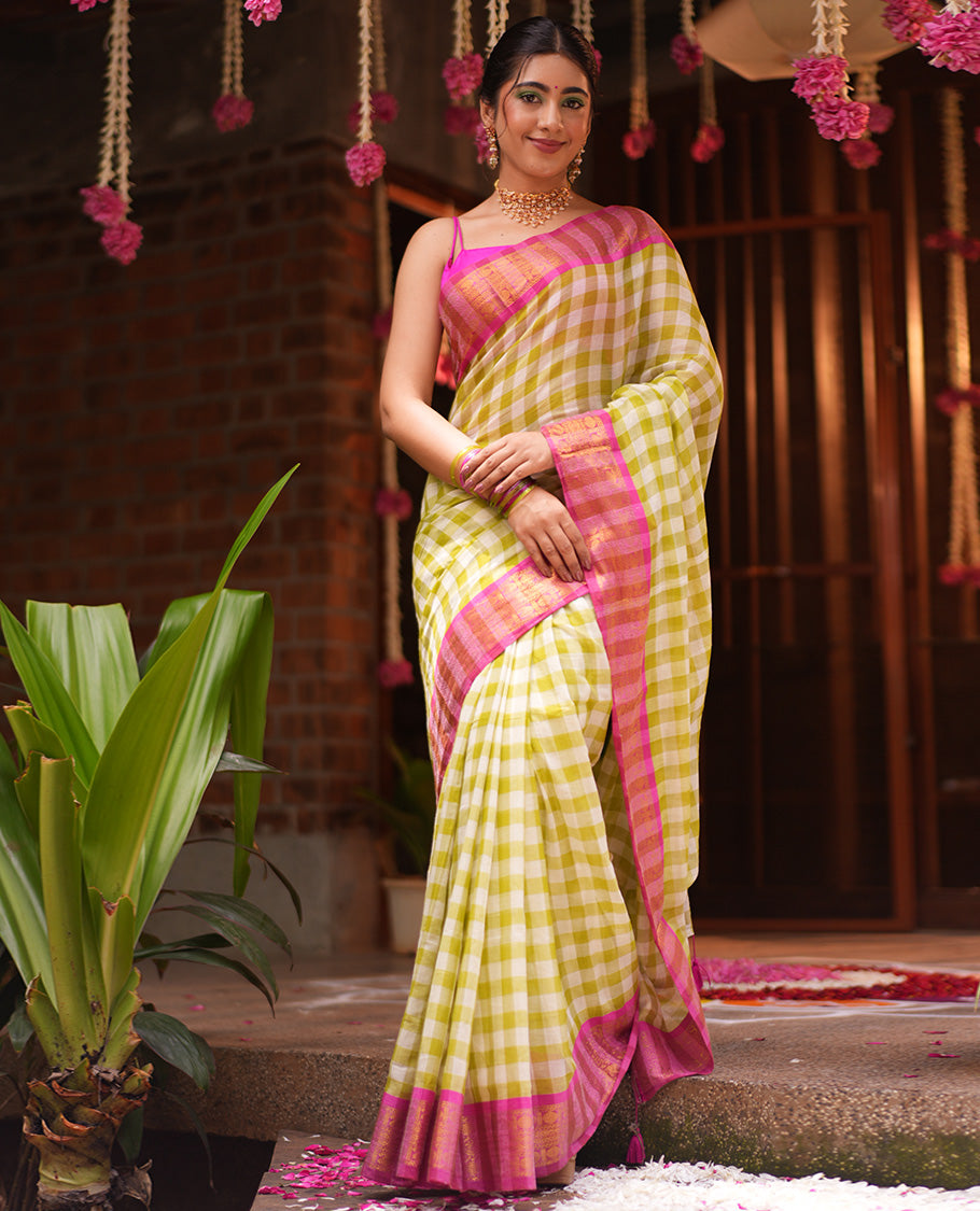 Green Checked Khadi Mul Cotton Saree