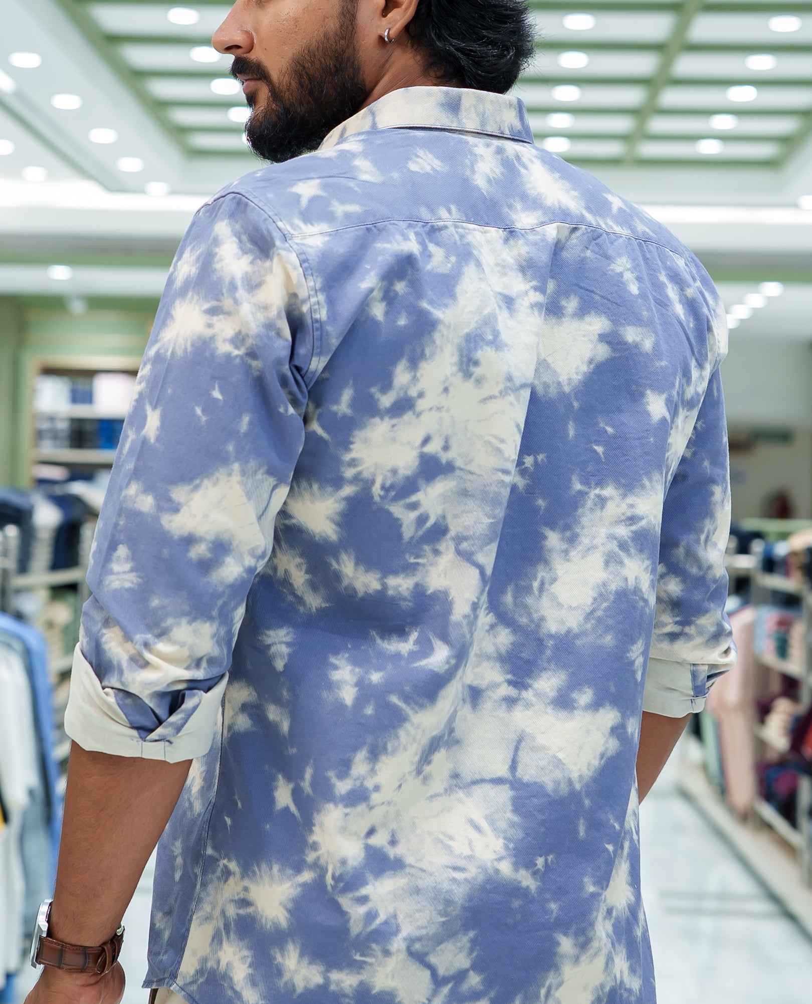 Blue Cotton Blended Casual Shirt, Adorned with Acid-Washed and Typography Patch Embroidery on the Chest, Featuring a Spread Collar, Full Sleeves, Slim Fit, and Regular Length