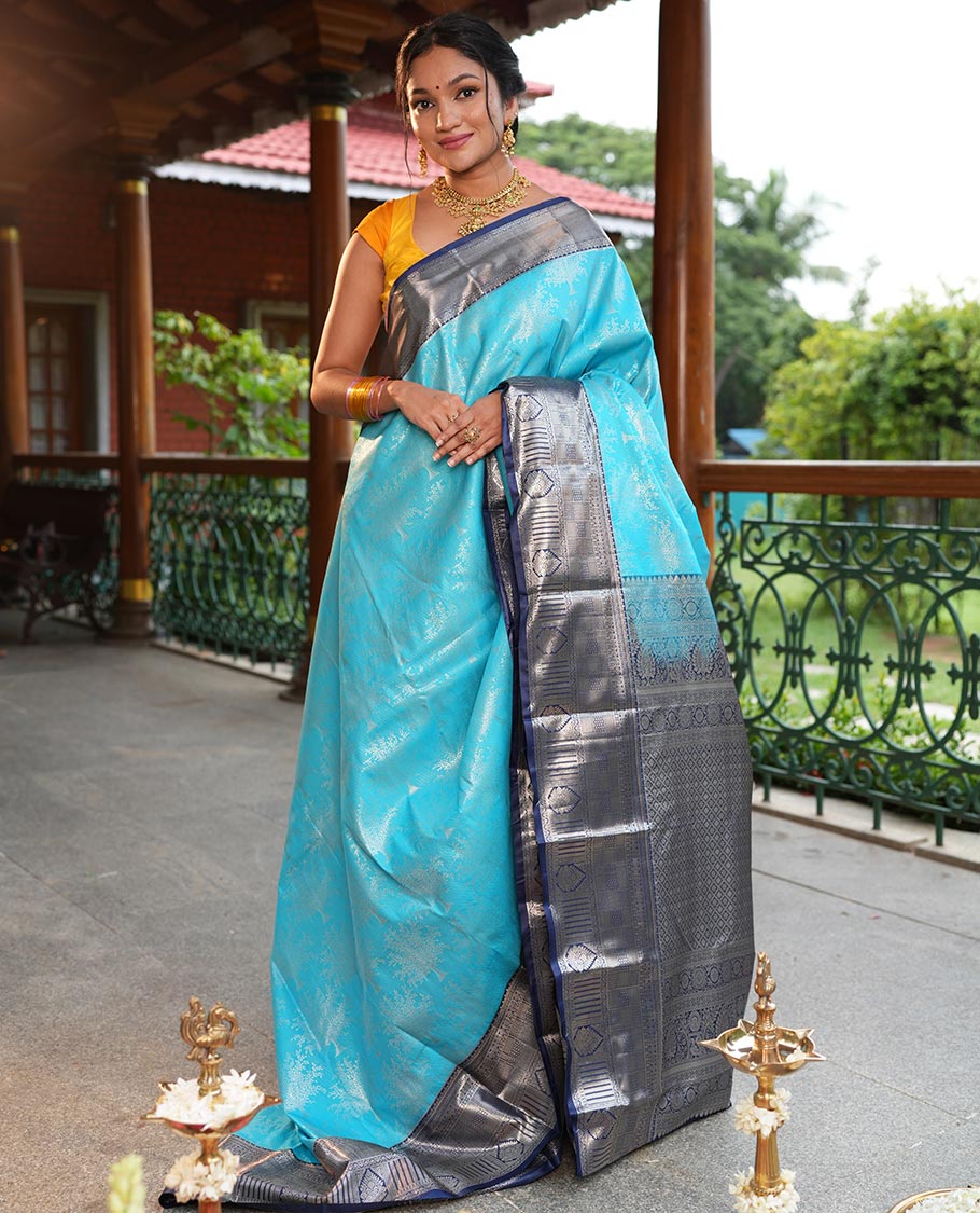 Light Blue-Navy Blue Tree Zari Butta Budget Silk Saree