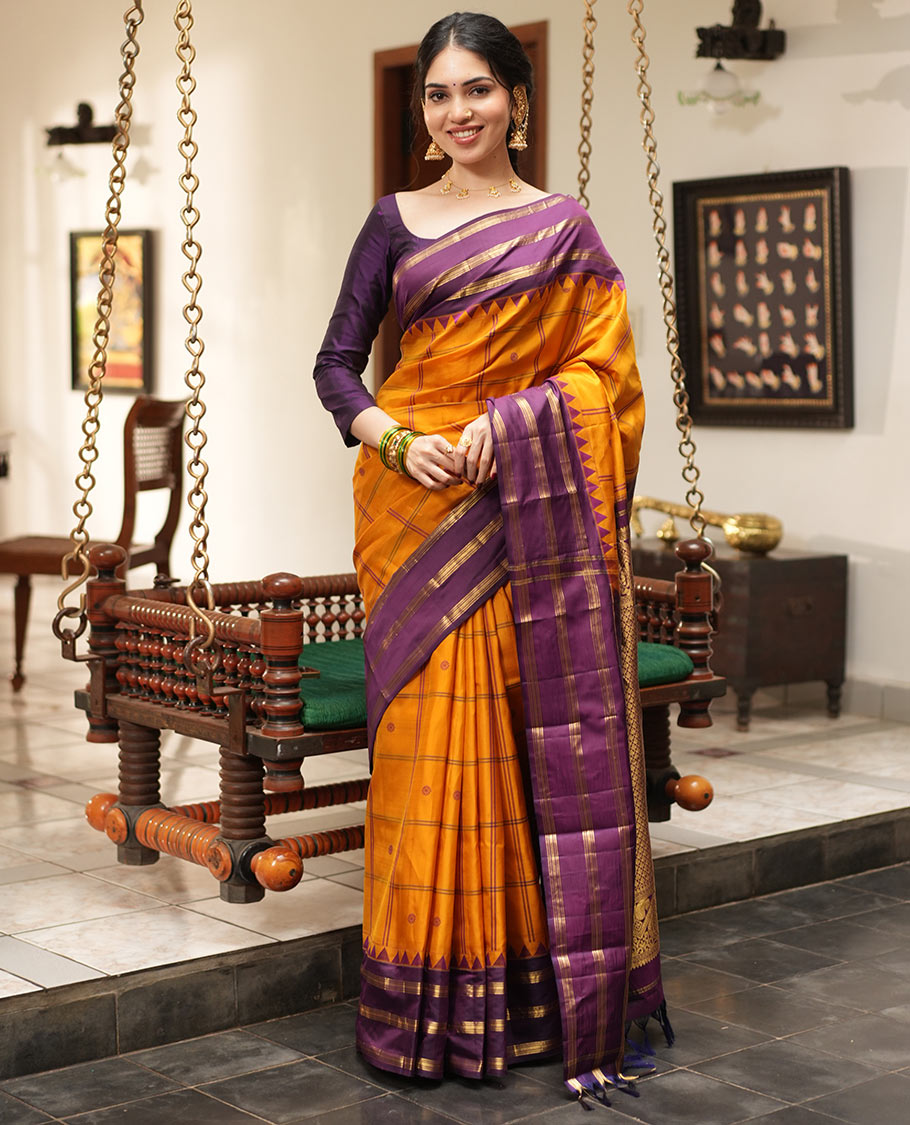 Mustard Checked Vasundhara Lite Silk Mix Saree,Contrast Temple Border,Grand Pallu,Contrast Blouse