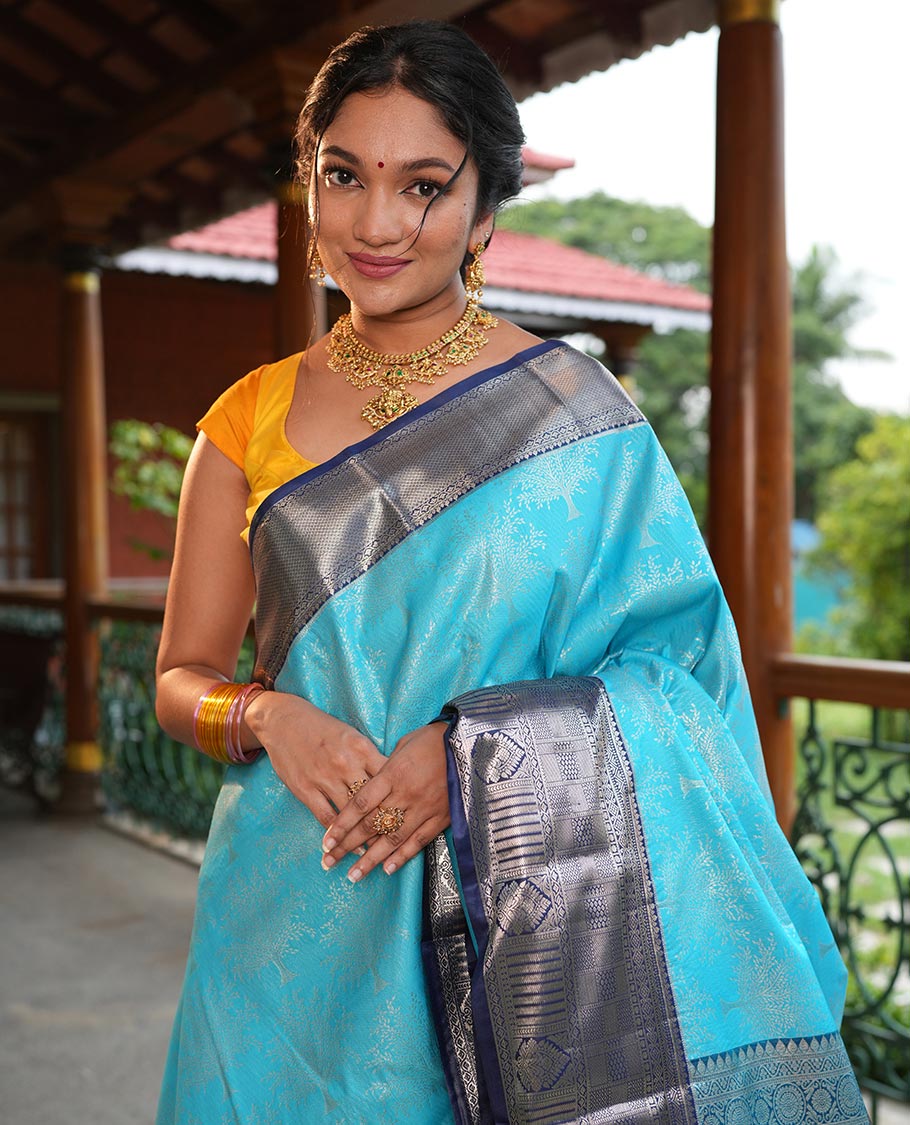 Light Blue-Navy Blue Tree Zari Butta Budget Silk Saree