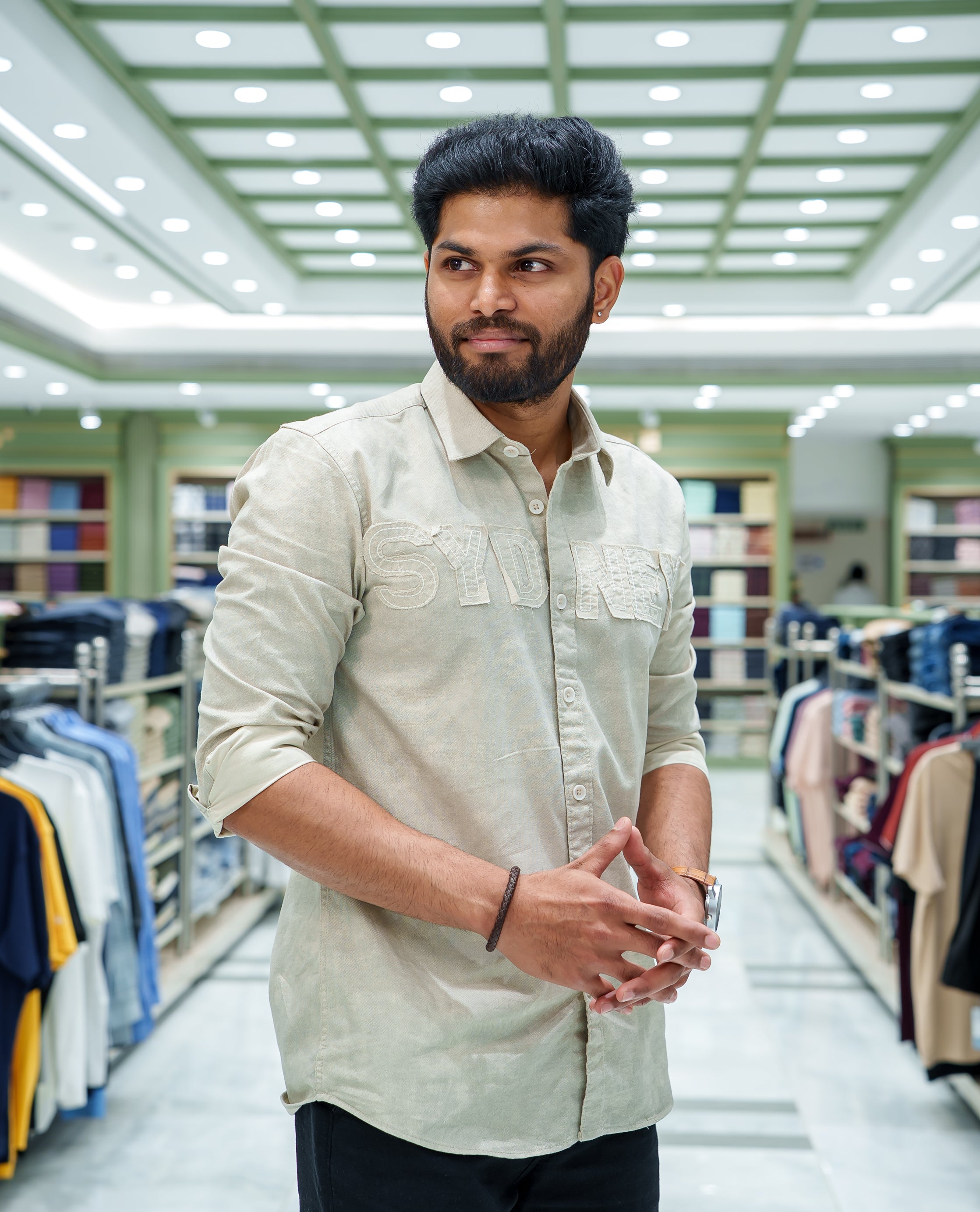 Grey Cotton Blended Casual Shirt, Accentuated with Acid-Washed and Typography Patch Embroidery on the Chest, Featuring a Spread Collar, Full Sleeves, Slim Fit, and Regular Length