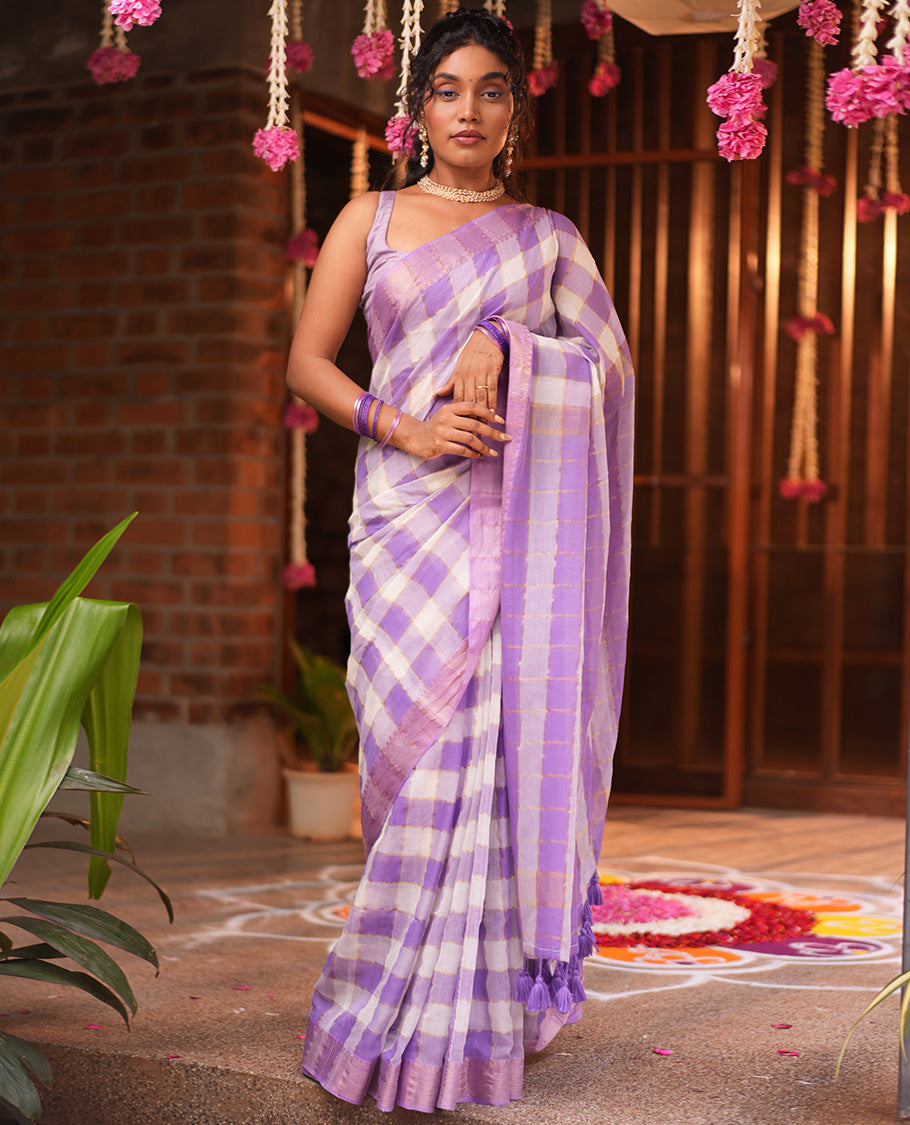 Lavender Checked Khadi Mul Cotton Saree