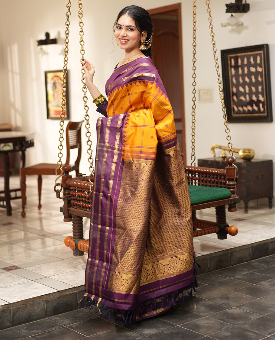 Mustard Checked Vasundhara Lite Silk Mix Saree,Contrast Temple Border,Grand Pallu,Contrast Blouse
