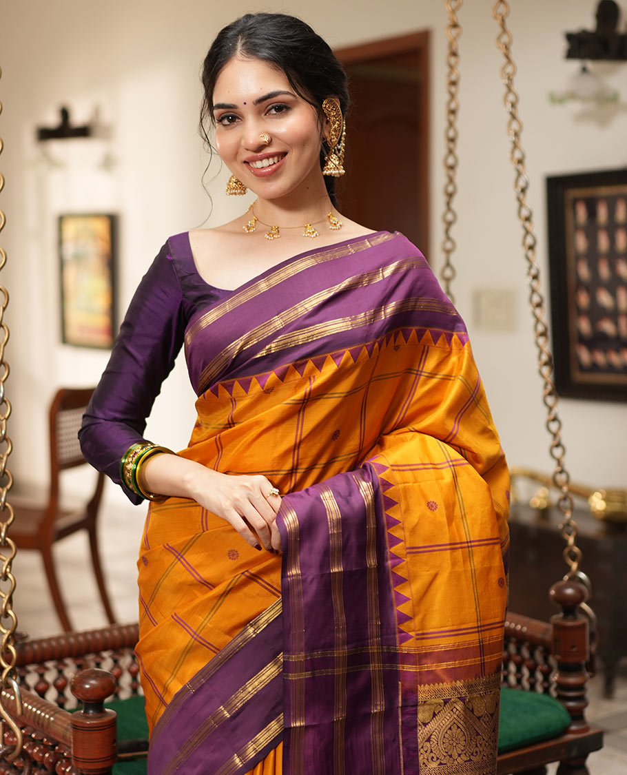 Mustard Checked Vasundhara Lite Silk Mix Saree,Contrast Temple Border,Grand Pallu,Contrast Blouse